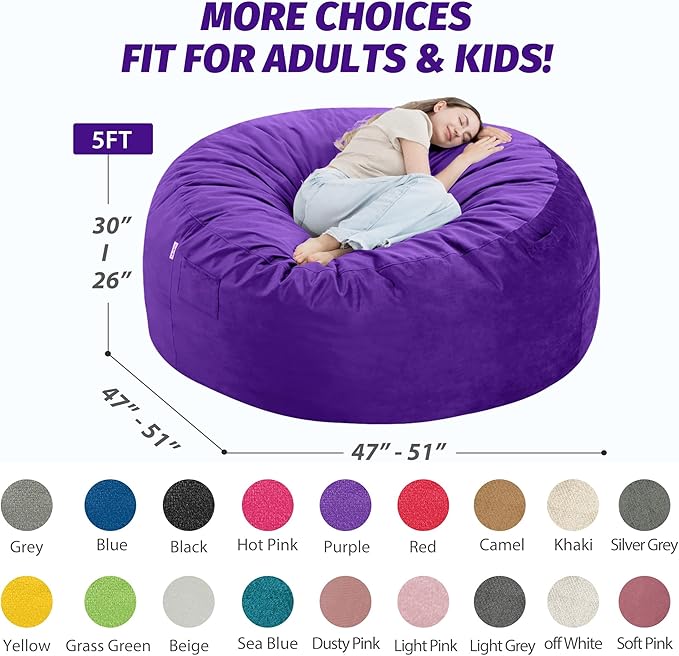 5FT Bean Bag Chair with Ultra Soft Velvet Cover Bean Bag Sofa with Memory Foam Bean Bag Chairs with Large Size Lazy Sofa for Dorm Office Living Room Bedroom Purple 5'