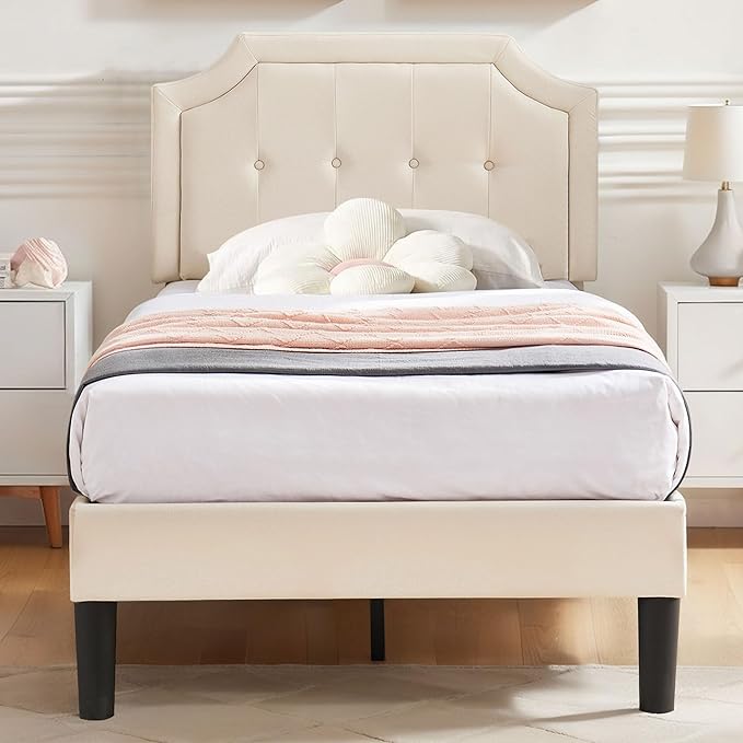 VECELO Twin Upholstered Platform Bed Frame with Adjustable Button Stitched Panel Headboard,Strong Wood Slat Support,Velcro Design,Mattress Foundation/Easy Assembly,Light Beige