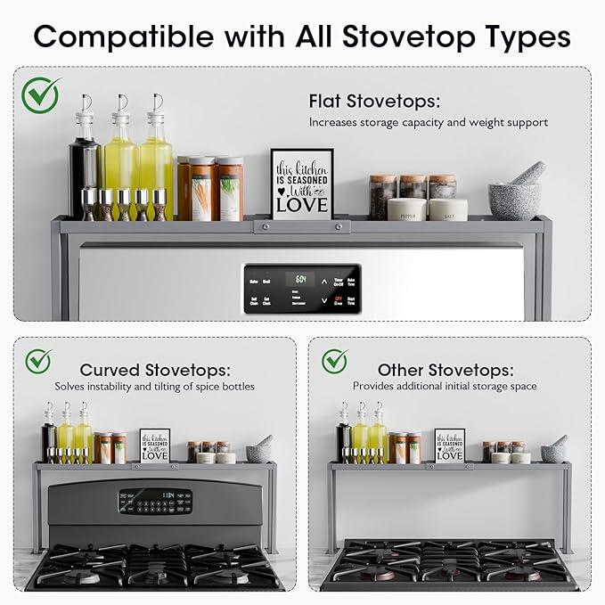 Bumusty Spice Rack Shelf for Kitchen Stove, 32" Stove Top Shelf, Adjustable Oven Spice Rack, Seasoning Organizer Kitchen Shelves, Grey