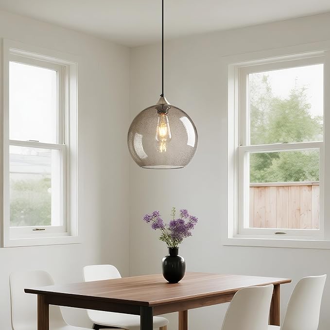 Light Grey Glass Pendant Lights Kitchen Island Globe Pendant Light Fixtures Modern Pendant Lighting for Bedroom Living Dining Room Light Fixture (9.84 in, 1 Pack)