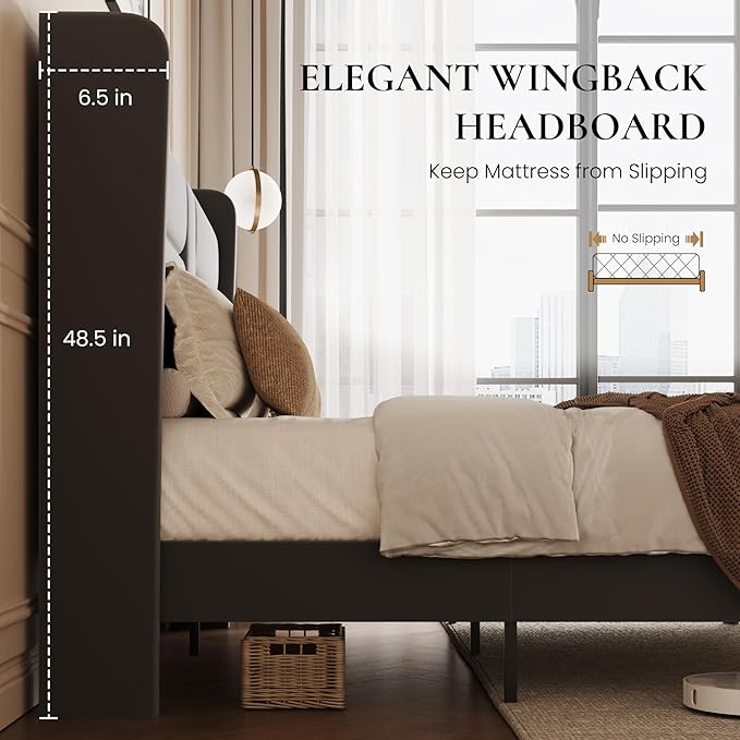 SHA CERLIN King Size Bed Frame with Charging Station & Storage Headboard, Velvet Platform Bed with Upholstered Modern Wingback Design, Wooden Slats Support, No Box Spring Needed, Easy Assembly, Grey