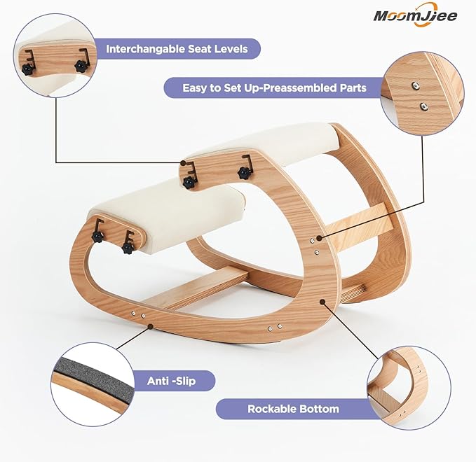 Ergonomic Kneeling Chair,Adjustable Rocking Knee Chair for Home Office,Wooden Office Chair for Back Pain Relief, Beige