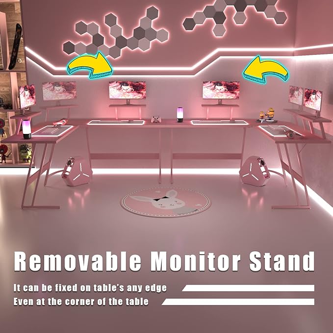 Homall Pink L Shaped Gaming Desk Computer Corner PC Desk Table with Large Monitor Stand for Home Office Studying Writing Workstation, Gift for Girls and Women (Pink, 57 Inch)