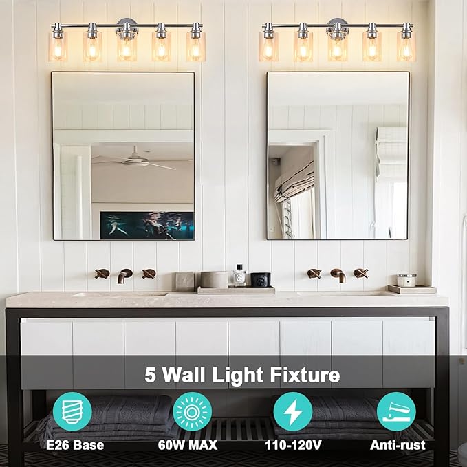 Bathroom Light Fixtures Wall Sconce Light with Clear Glass Chrome 5 Lights Bathroom Lighting Over Mirror Vanity Lights for Living Room,Bedroom,Restroom,Hallway E26 Base