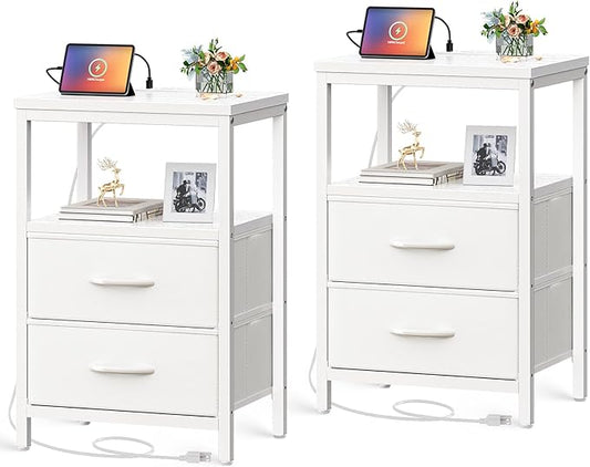 Huuger Nightstands Set of 2, End Tables with Charging Station, Side Tables with Fabric Drawers, Bedside Tables with USB Ports and Outlets, Night Stands for Bedroom, White