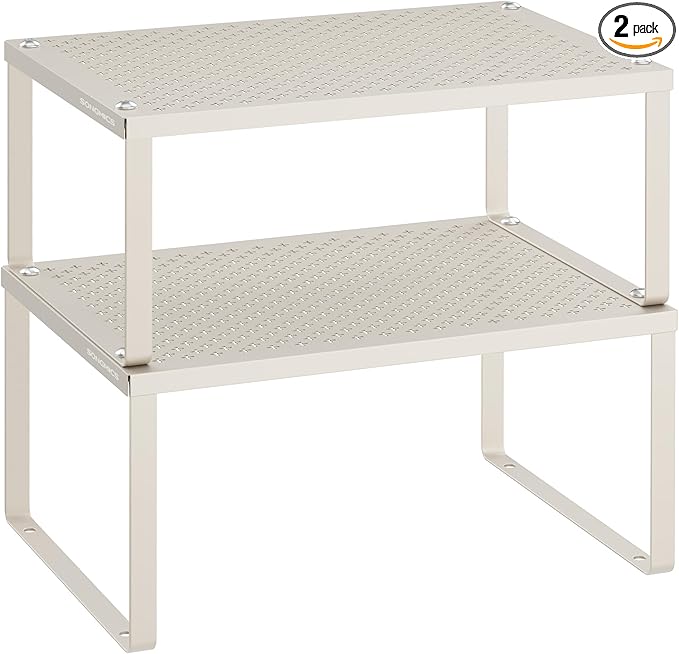 SONGMICS Spice Racks, Set of 2 Metal Cabinet Shelf Organizers, Countertop Organizers, Shelf Risers, Stackable, Expandable, Oatmeal Beige UKCS001K01