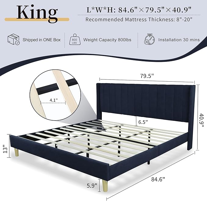 King Size Upholstered Platform Bed Frame with Modern Wingback & Vertical Panel Headboard, Linen Fabric, Wooden Legs & Slats Support, No Box Spring Needed, Noise-Free & Easy Assembly, Dark Blue