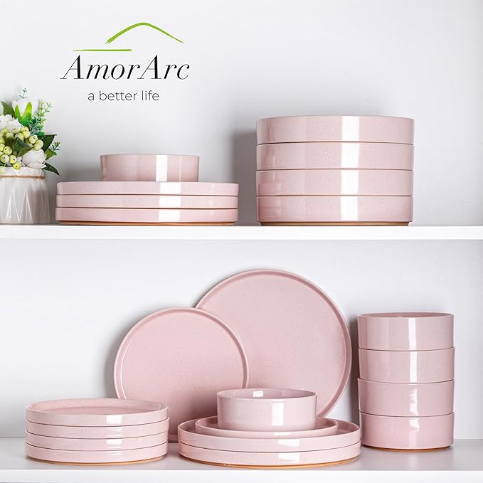 AmorArc Ceramic Dinnerware Set for 8 | Speckled Stoneware Plates and Bowls with Rustic Terracotta Underside| Scratch Resistant,Dishwasher & Microwave Safe Dishes Sets- 24pcs Pink