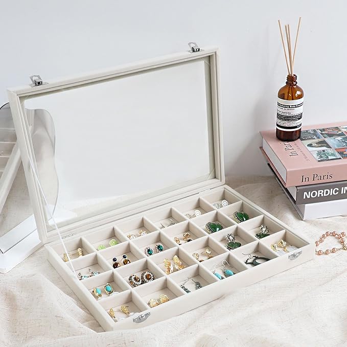 Wudygirl Jewelry Organizer Earring Holder Jewelry Tray with Lid Velvet Jewelry Box Jewelry Display Case Bracelet Earrings Ring Holder for Women Dresser (Beige 24 Grid Jewelry Tray)