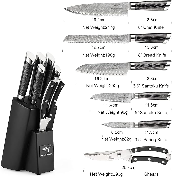 NANFANG BROTHERS Knife Set, 7-Piece Damascus Kitchen Knife Set with Block, ABS Ergonomic Handle for Chef Knife Set, Kitchen Shears, Knife Block Set