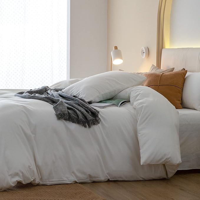JIYUAN 100% Washed Cotton Duvet Cover Set 3 Pieces Cal King, 1 Duvet Cover 104x98 Inches(Comforter Not Included) and 2 Pillowcases,Linen Feel Bedding Set Comfy and Breathable,Off White