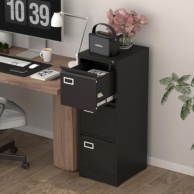 File Cabinet,3 Drawer Filing Cabinet with Lock,Metal Filing Cabinets for Home Office,School,Vertical File Cabinets for Letter/Legal/A4/F4 Size,Assembly Require,Black