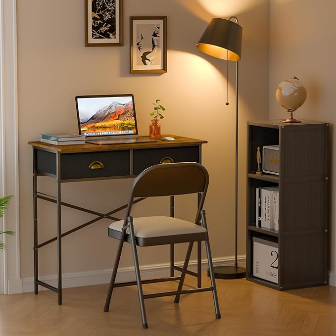Small Writing Desk for Kids Bedroom, 31.5 Inch Computer Desk for Small Spaces, Simple Desk with 2 Fabric Drawers for Home Office, Dorm, Living Room, Home Study Table, Rustic Brown
