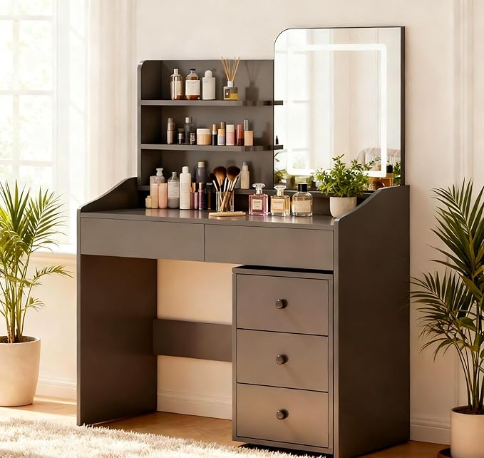 Makeup Vanity Desk with LED Mirror & Movable Storage Cabinet, 3-Tier Open Shelves, 5 Drawers, Adjustable 3-Color Lighting for Bedroom