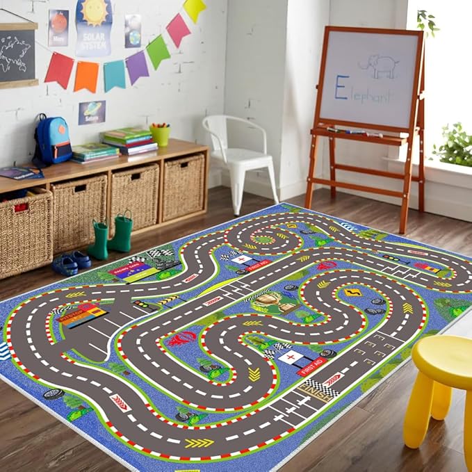 Kids Rug, Race Track Playmat Rugs 118×78 in Kids Carpet with Rubber Backing, Start and Finish line Racing Track Marking Car Road Race 3D Play Mat Nursery Rugs for Children Bedroom Playroom