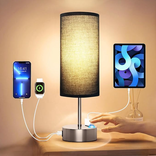 KPQ Small Bedside Lamp Touch Control Table Lamp with USB A+C Charging Ports & AC Outlet 3-Way Dimmable Nightstand Lamp with Linen Fabric Shade for Bedroom Living Room
