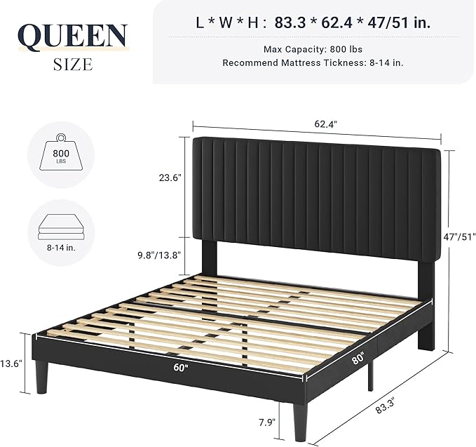 Allewie Queen Bed Frame, Velvet Upholstered Platform Bed with Vertical Channel Tufted Headboard, Mattress Foundation with Strong Wooden Slats, Box Spring Optional, Easy Assembly, Black