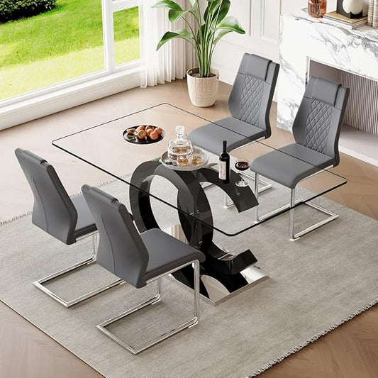 63'' Glass Dining Table Set for 4, Kitchen Table Chairs Set of 4, Clear Glass Dining Table with Black unique design Leg and Silver Metal Base, 4 PU Dining Chairs with Metal Legs, Living Room, Kitchen.