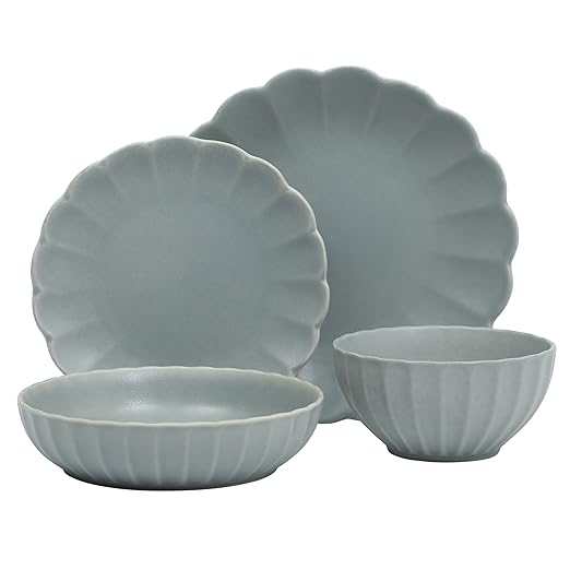Gibson Elite Malibu Shore 16 Piece Scallop Stoneware Reactive Glaze (Service for 4) Ceramic Plates and Bowls Dinnerware Set - Blue