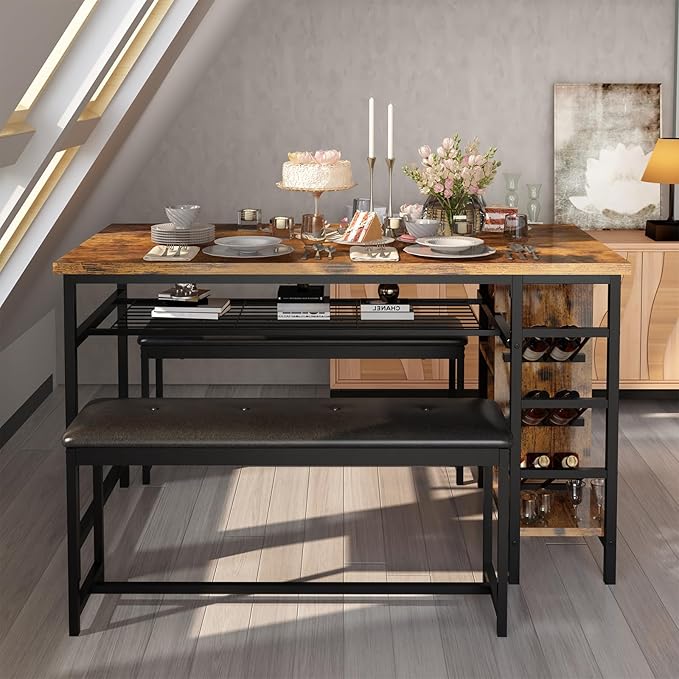 AWQM Space Saving Dining Table Set for 2-4 People, 53" Kitchen Table with 2 Upholstered Bench, Dinner Table with Wine Rack Glass Holder and Storage Shelf, 3-Piece Dinette Table for Small Apartment