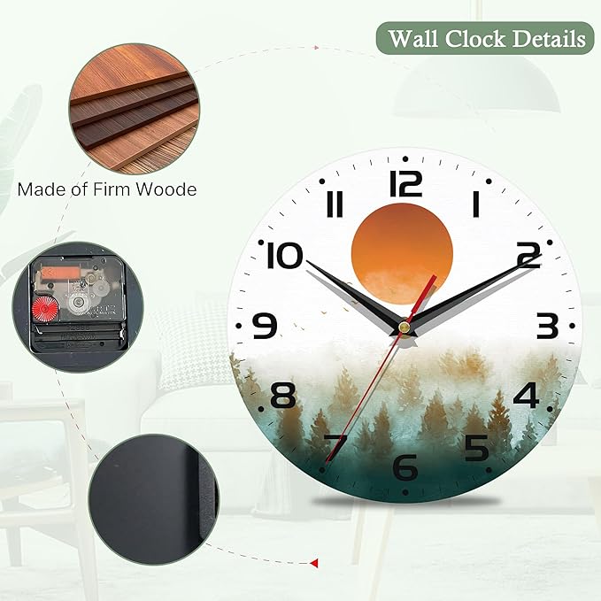 Wall Clock for Bathroom,Red Sun Wall Clocks Silent Non-Ticking Battery Operated Clock 10 Inch,Green Forest Wall Clocks Decorative for Living Room,Kitchen,Office