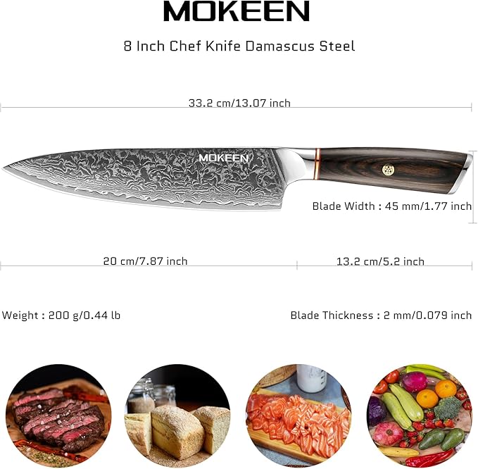 Chef Knife - 67 Layers VG10 Damascus Steel Kitchen Knife 8 Inch Japanese Knife for Slicing Meat Vegetable Cleaver - Cooking Knife with Pakkawood Handle - Ultra Sharp