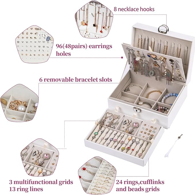 BOOVO Earring Jewelry Box For Women Girl Stud Organizer, 4 Layers Girl Jewelry Organizer Box With Lock Earring Holder Organizer Necklace Ring Jewelry Organizer Box For Girls (White, 4 layer)