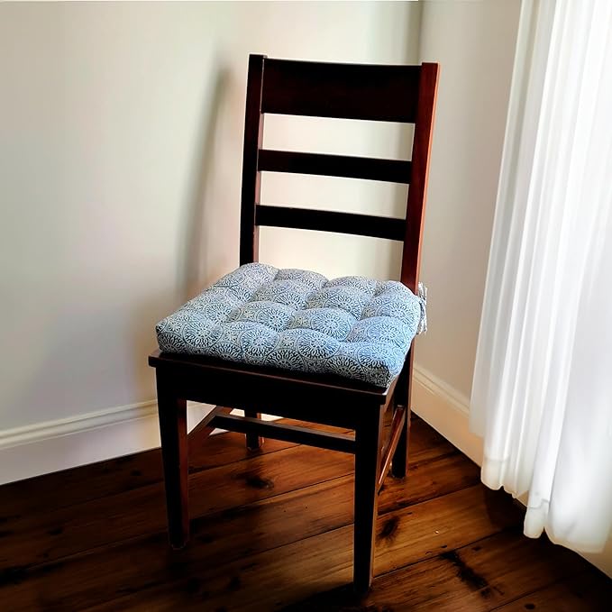 Barnett Home Decor Dining Chair Cushions with Ties – Size Small 15 x 17 - Latex Foam Fill, 100% Cotton, Machine Washable Chair Pads for Kitchen Chairs, Made in USA (Tibet Blue/Pack of 2)