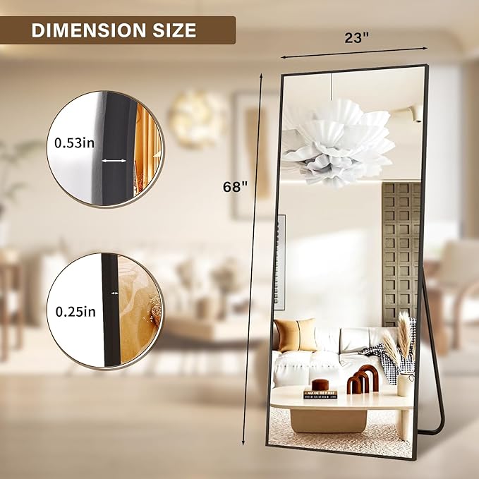 68"x 24" Full Length Mirror with Stand, Large Wall-Mounted or Leaning Floor Mirror with Aluminum Alloy Frame, Rectangular Wall Mirrors for Bedroom, Entryway, and Living Room Decor, Black