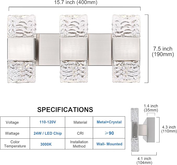 MELUCEE 3-Light Brushed Nickel Vanity Light Bar LED Bathroom Lighting Fixtures Over Mirror Dimmable Modern Wall Light with Crystal Column for Bath Restroom Powder Room, 3000K Warm Lighting
