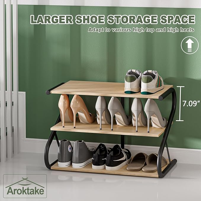 Shoe Rack, Z-Frame Wooden 3-Tier Shelf with Durable Metal Shelves, Shoe Organizer for High Heels, Hallway, Living Room, Closet, Bedroom (Natural Wood)