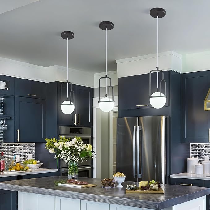 5 Inch Modern Black Pendant Light Globe Pendant Light Fixture Mid Century Pendant Lighting for Kitchen Island Dining Room Living Room Bedroom(1 Pack)