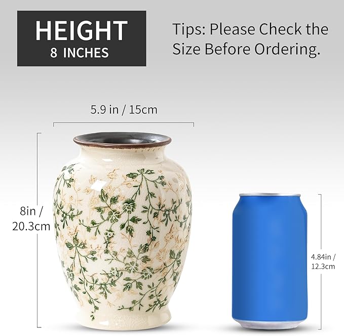 Vintage Green and Beige Vase, Round Ceramic Floral Vases, Retro Ice Cracked Chinoiserie Vase for Home Decor, Living Room, Bookshelf, Office, Grand Millennial Decor, Rustic Table Centerpiece 8 Inch