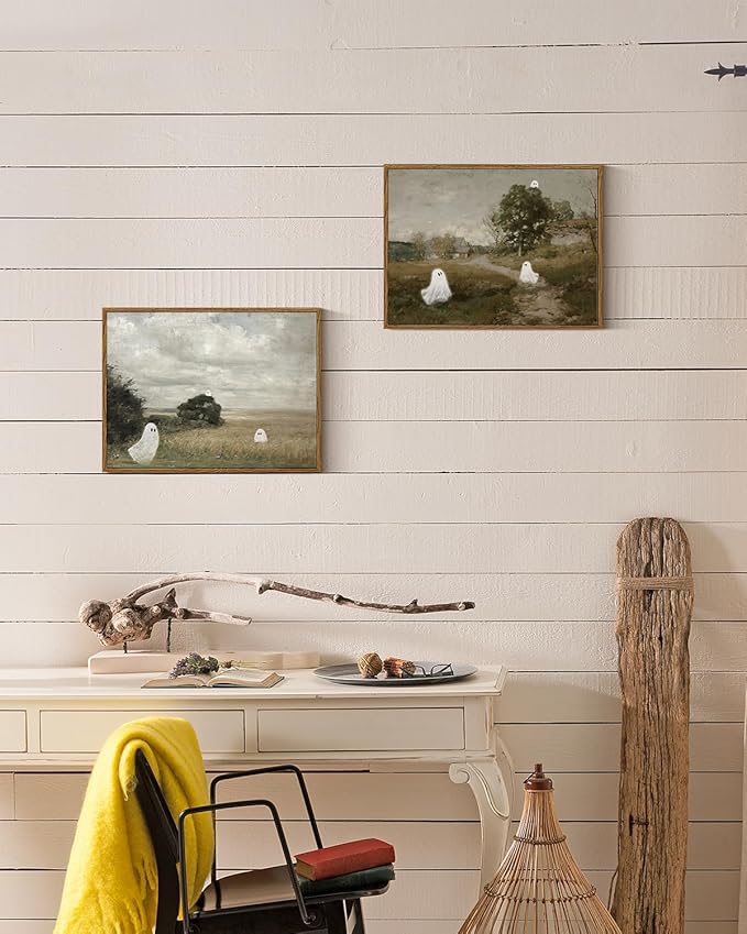 InSimSea Framed Canvas Wall Art, Vintage Halloween Decor, Cute Ghosts Decor Indoor, Bedroom Bathroom Living Room Halloween Pictures Decorations, Landscape Wall Art Prints, 12"x16"