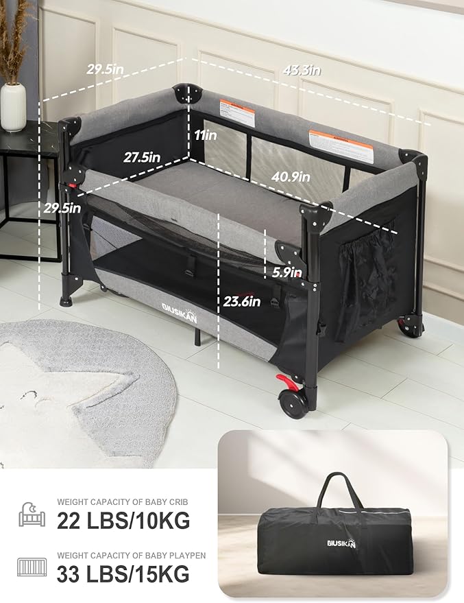 Baby Bassinet, Pack and Play with Bassinet, Bedside Sleeper with Diaper Changer, Mosquito Net, Music Box, Portable Crib with One-Click Installation, Playard for Newborn to Toddlers