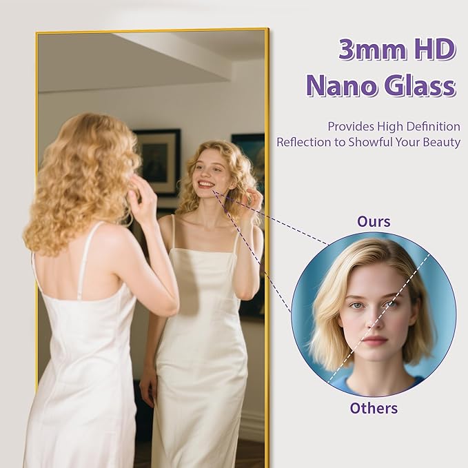 Full Length Mirror, 58"x21" Oversized Floor Mirror Freestanding, Full Body Mirror Floor Standing Mirrors with Stand, Hanging Mounted Mirrors for Bedroom Living Room, Gold, Rect Style