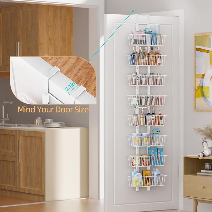 8-Tier Over Door Pantry Organizer with Mesh Baskets, Foldable Metal Hanging Spice Rack with 8 Baskets for Kitchen Organizers and Storage, for Home & Kitchen Laundry Room Bathroom Essentials, White