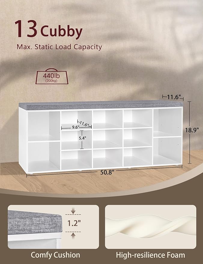 DINZI LVJ Shoe Storage Bench with Cushion, 13-Cubby Shoe Rack, Adjustable Shelves, Multifunctional Shoe Organizer Bench for Entryway, Mudroom, Hallway, Living Room, Bedroom and Garage, White