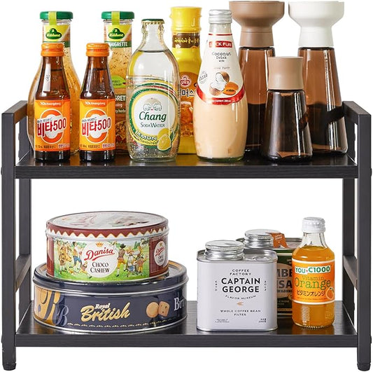 IBUYKE 2-Tier Spice Rack Industrial Counter Shelf Desktop Storage Organizer Standing Seasoning Rack for Countertop Kitchen Office Living Room Desktop Black UTLJ002B