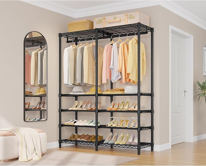 VIPEK S2 Heavy Duty Clothes Rack with Shoe Shelves Freestanding Clothing Rack with 6-Tier Shoe Rack, Double Hanging Rod, Adjustable Shelf, Walk in Closet Organizer Garment Rack, Black