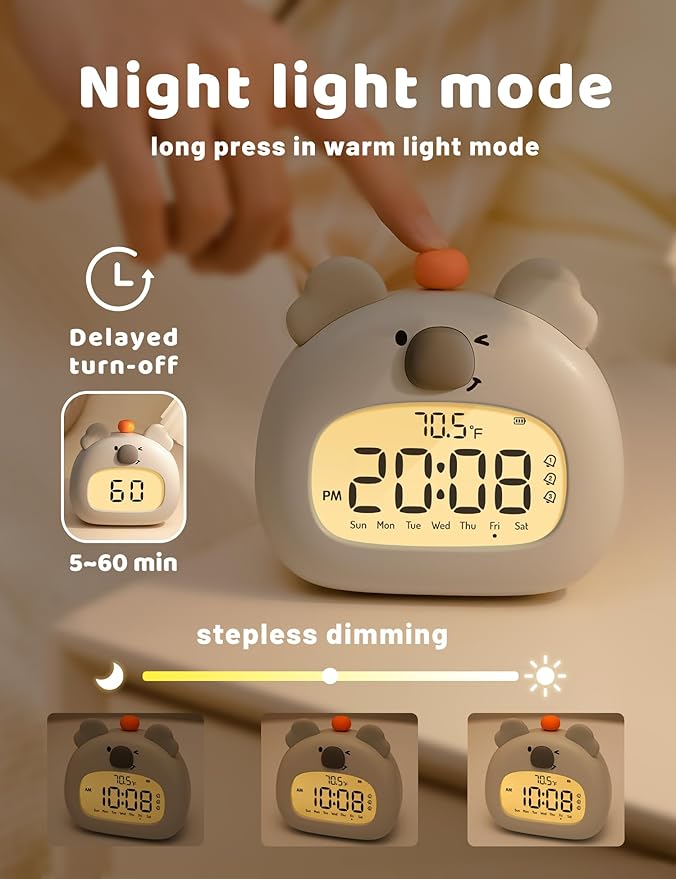 Koala Relaxation Alarm Clock, Forest Night Light, USB-C Fast Charge, 3 Alarms & Timer, Mindfulness Bedroom Decor Gift for Boys, Girls, Tenns