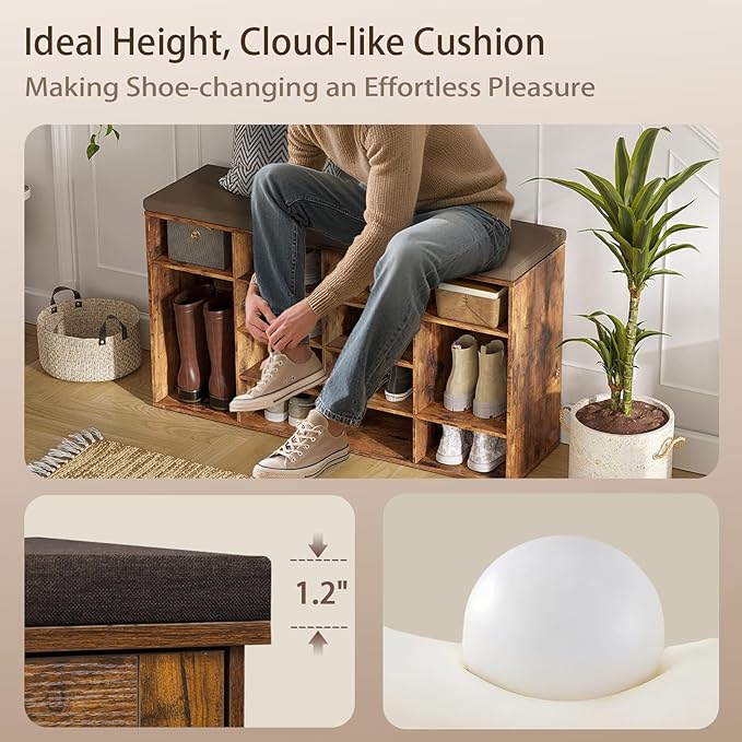 DINZI LVJ Shoe Storage Bench with Cushion, 16-Cubby Shoe Rack, Adjustable Shelves, Multifunctional Shoe Organizer Bench for Entryway, Mudroom, Hallway, Living Room, Bedroom and Garage, Rustic Brown