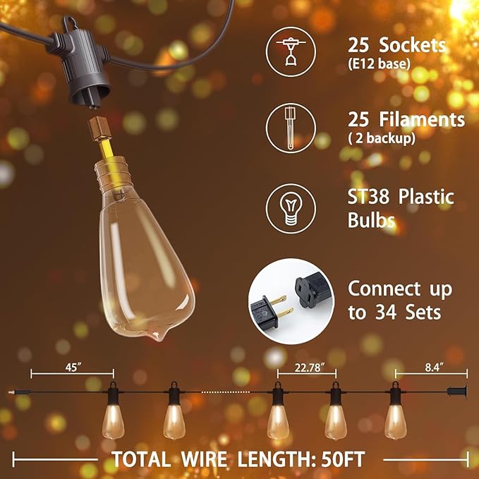 Outdoor String Lights 50 ft, LED Patio Lights with 27（25+2 Spare ST38 Shatterproof Bulbs, IP 65 Waterproof, Outside Hanging Light for Cafe Bistro Backyard