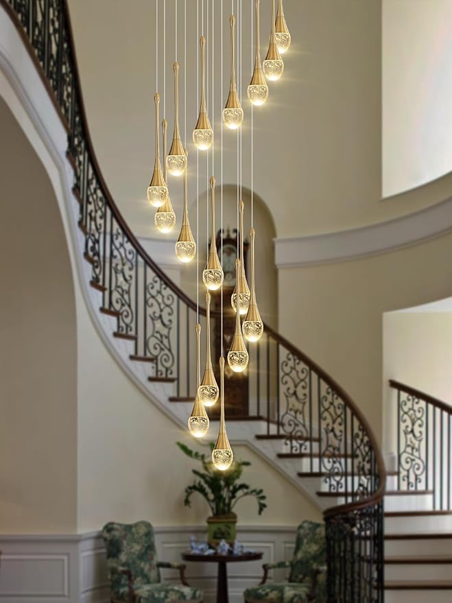 120'' Long Spiral Crystal Chandeliers 16-Lights Gold Bubble Raindrop Crystal Pendant Chandelier Staircase Slanted Ceiling Loft Fixtures LED Dimmable 2700-6000K
