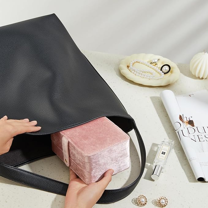 Velvet Small Jewelry Box for Women Girls, Double Layers Travel Portable Jewelry Case for Ring, Pendant, Earring, Necklace, Bracelet Organizer Storage Holder Boxes, Pink