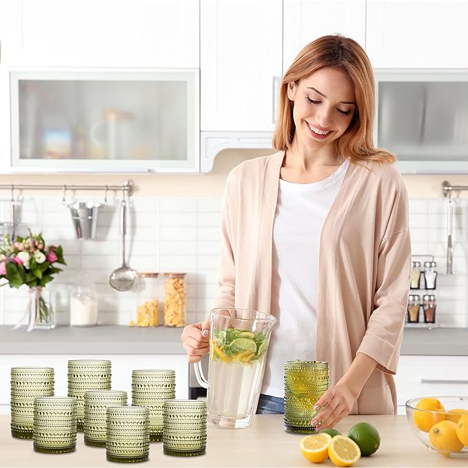 Set of 8 Hobnail Drinking Glasses Vintage Green Glassware - 4 Highball Glasses 14 oz, 4 Rocks Glass Cup 11 oz, Embossed Old Fashioned Glassware for Water, Wine, Beer, Juice, Mixed Drinkware