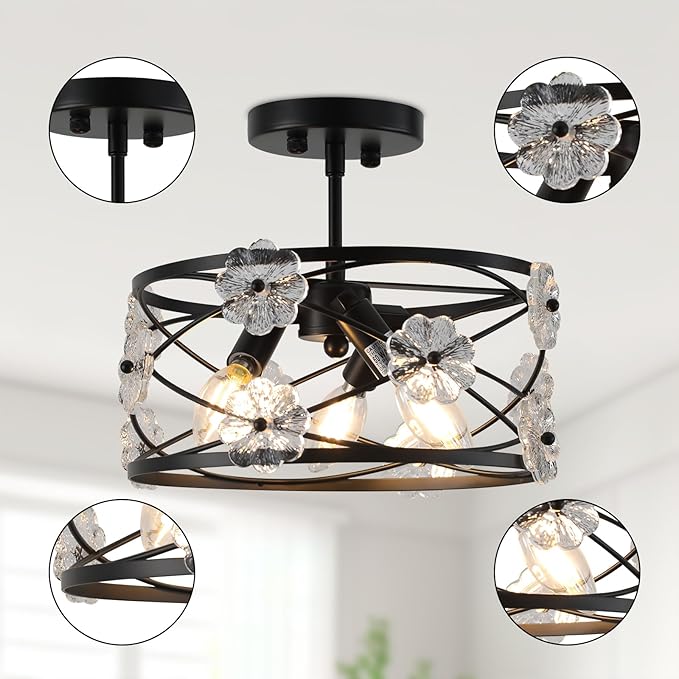 12.6" Semi Flush Mount Ceiling Light 3-Lights Drum Black Ceiling Lighting Vintage Industrial Modern Crystal Flower Light Fixture for Bedroom, Entryway, Kitchen, Dining Room, E12