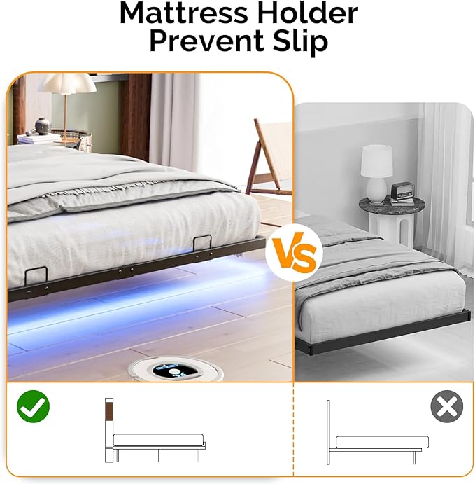 VINGLI Floating Bed Frame Queen with LED Lights and Charging Station,Sturdy Metal Platform Bed,Hidden Storage Velvet Upholstered Headboard,No Box Spring Needed,Easy Assembly