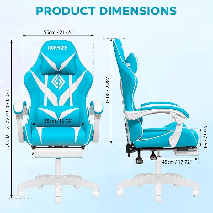 HOFFREE Massage Gaming Chair for Kids Computer Gamer Chair with Footrest and Lumbar Support Reclining PC Game Chair with Headrest for Gaming Room Light Blue and White