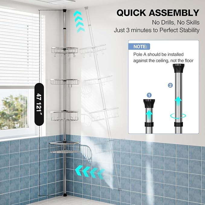 Corner Shower Caddy Tension Pole: Stainless Steel Rustproof 4-Tier Shower Organizer - 47-121 inch Adjustable Bathroom Shelves for Bathtub Shampoo Storage - Tension Rod Floor Standing Bath Rack -Silver